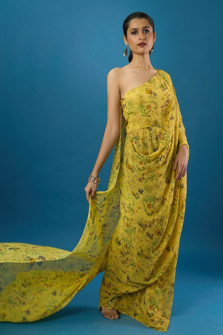 Buy Anamika Khanna Yellow One Shoulder, Asymmetric Printed Draped Dress Online at Aza Fashions Buy_Anamika Khanna_Yellow One Shoulder, Asymmetric Printed Draped Dress _Online_at_Aza_Fashions