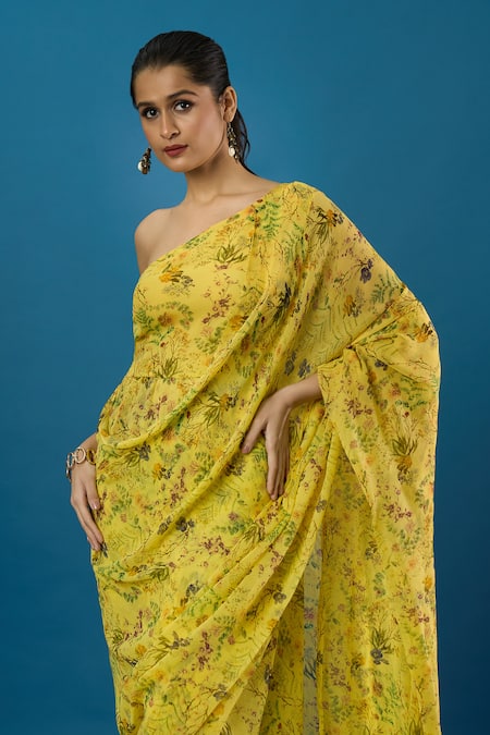 Shop Anamika Khanna Yellow One Shoulder, Asymmetric Printed Draped Dress Online at Aza Fashions Shop_Anamika Khanna_Yellow One Shoulder, Asymmetric Printed Draped Dress _Online_at_Aza_Fashions