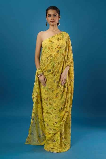 Anamika Khanna Yellow One Shoulder, Asymmetric Printed Draped Dress at Aza Fashions Anamika Khanna_Yellow One Shoulder, Asymmetric Printed Draped Dress _at_Aza_Fashions