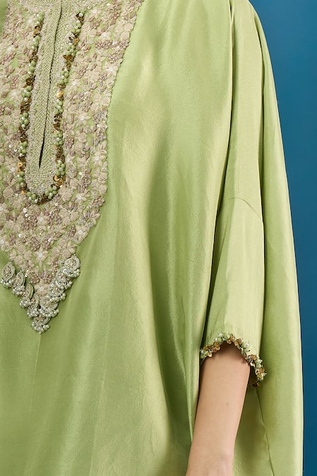 Prisho_Green Embroidery, Beads, Stones Round Neck Kaftan And Pant Set _Online_at_Aza_Fashions