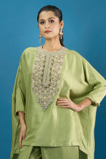 Prisho_Green Embroidery, Beads, Stones Round Neck Kaftan And Pant Set _at_Aza_Fashions