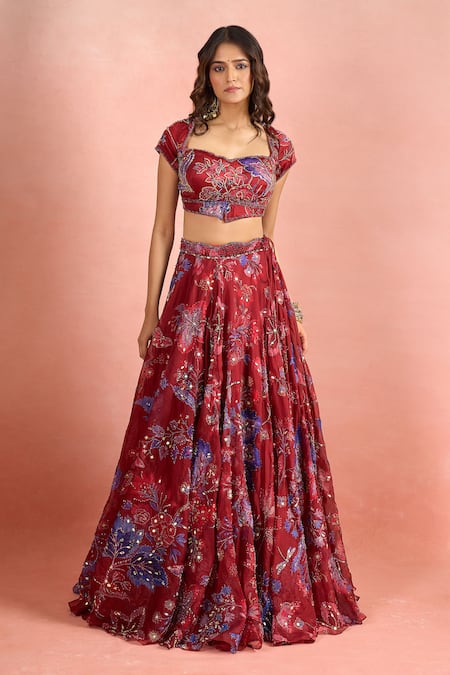 Buy_Mahima Mahajan_Red Embroidery, Sequins, Mirrors, Zari Sweetheart Neck Floral Print Lehenga Set _Online_at_Aza_Fashions