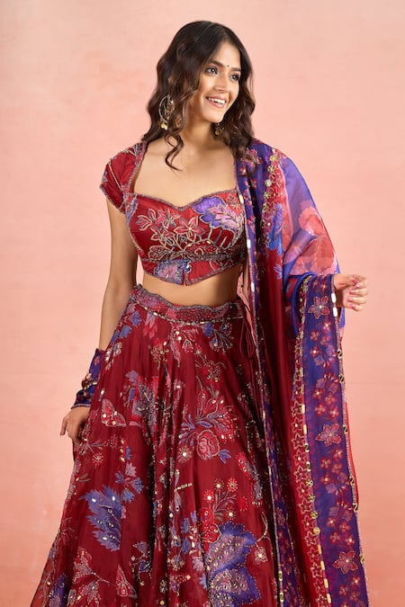 Shop_Mahima Mahajan_Red Embroidery, Sequins, Mirrors, Zari Sweetheart Neck Floral Print Lehenga Set _Online_at_Aza_Fashions