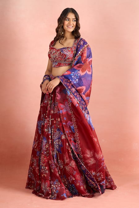 Mahima Mahajan_Red Embroidery, Sequins, Mirrors, Zari Sweetheart Neck Floral Print Lehenga Set _at_Aza_Fashions