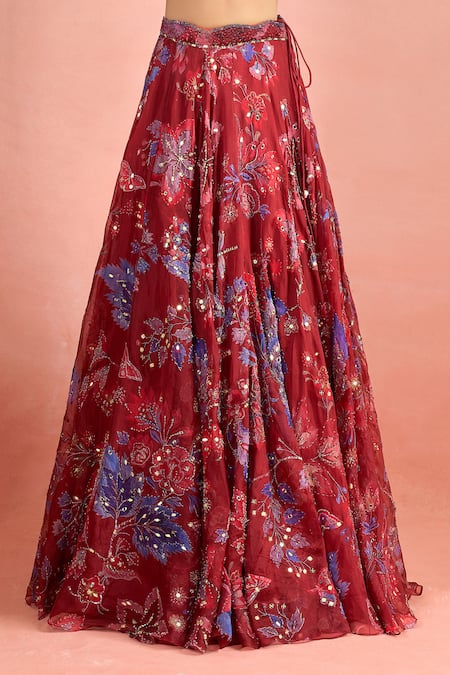 Buy_Mahima Mahajan_Red Embroidery, Sequins, Mirrors, Zari Sweetheart Neck Floral Print Lehenga Set 
