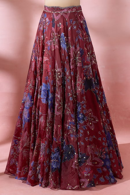 Mahima Mahajan_Red Embroidery, Sequins Halter Neck Floral Pattern Royal Lehenga Set _Online_at_Aza_Fashions