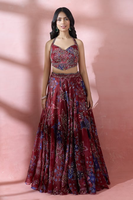 Mahima Mahajan_Red Embroidery, Sequins Halter Neck Floral Pattern Royal Lehenga Set _at_Aza_Fashions