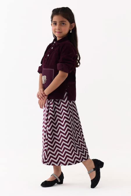 Three_Wine Corduroy, Velvet Embroidery Patch Top And Chevron Skirt Set _at_Aza_Fashions