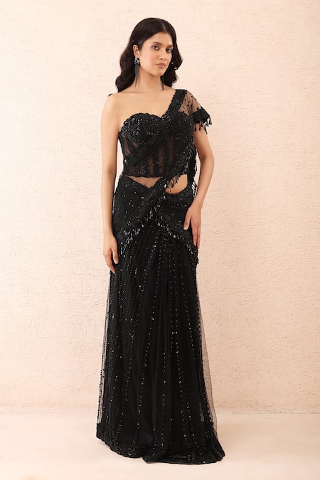 Priyanka Jain_Black Net Sequins, Beads, Tassels Embroidered Pre-draped Saree With Blouse _at_Aza_Fashions