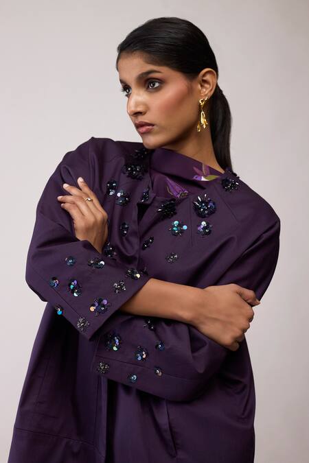 Buy_Bunka_Purple Cotton Embroidery, Sequins Round Neck Diana Long Jacket _Online_at_Aza_Fashions