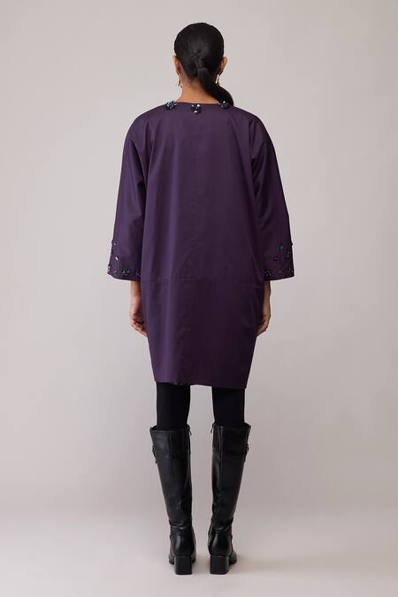 Shop_Bunka_Purple Cotton Embroidery, Sequins Round Neck Diana Long Jacket _Online_at_Aza_Fashions