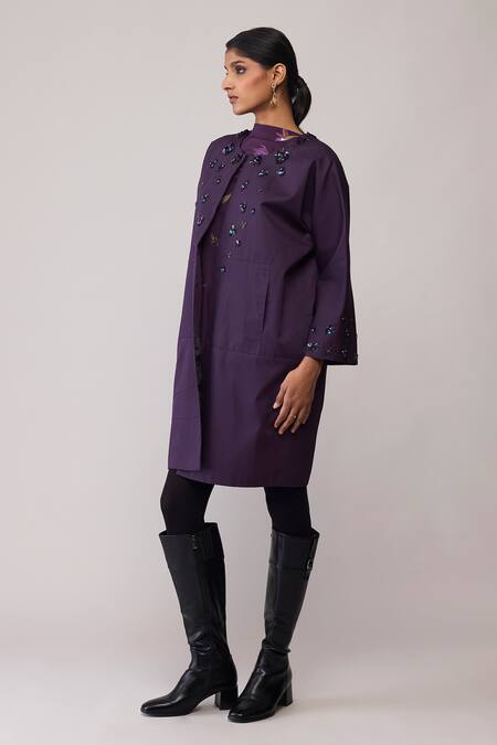 Buy_Bunka_Purple Cotton Embroidery, Sequins Round Neck Diana Long Jacket 