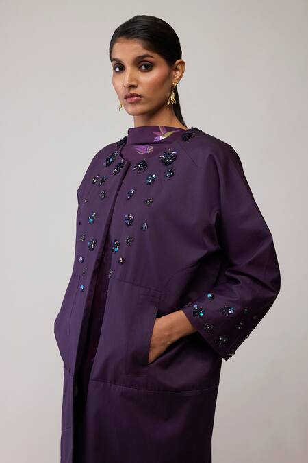 Shop_Bunka_Purple Cotton Embroidery, Sequins Round Neck Diana Long Jacket 