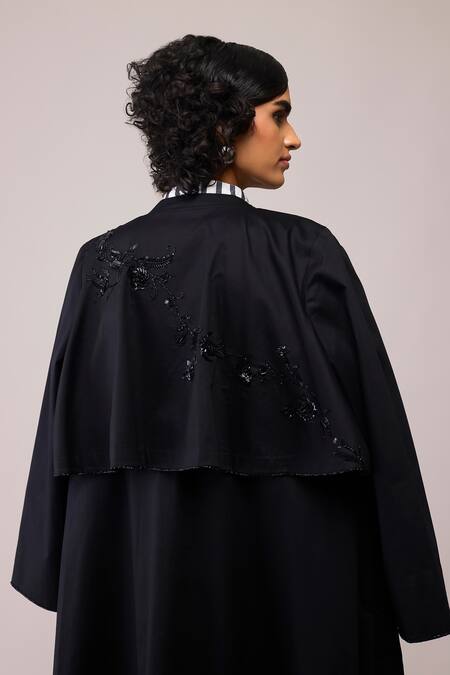Shop_Bunka_Black Cotton Satin Embroidery, Sequins, Beads High Neck Nicole Long Jacket _Online_at_Aza_Fashions