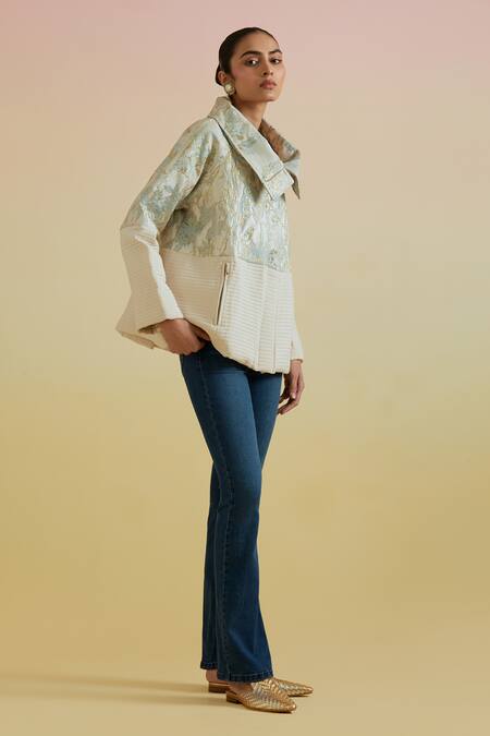 Bunka_White Cotton Collared, High Neck Dina Structured Stand Jacket _Online_at_Aza_Fashions