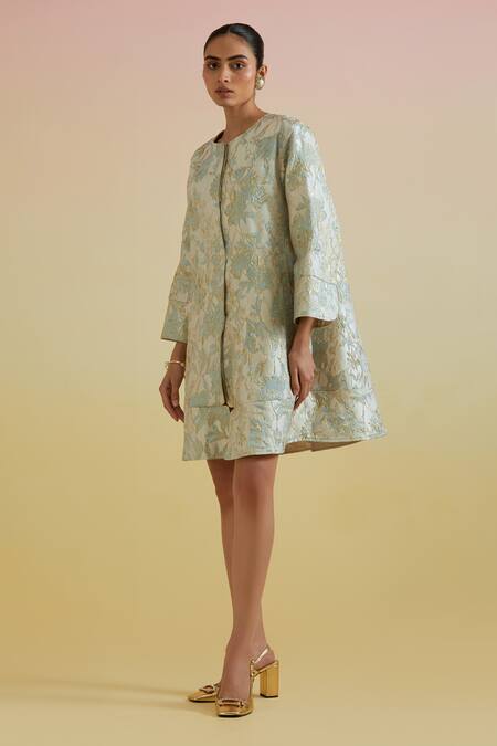 Bunka_White Cotton Round Neck Ziva Floral Pattern Jacket _Online_at_Aza_Fashions