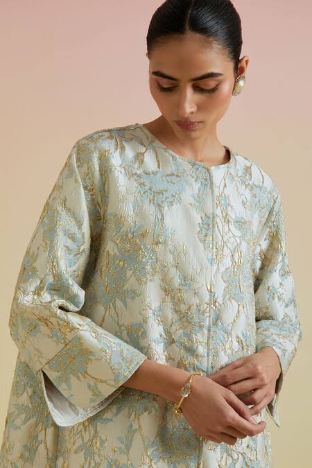 Shop_Bunka_White Cotton Round Neck Ziva Floral Pattern Jacket _Online_at_Aza_Fashions