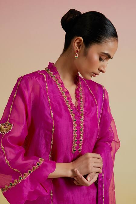 Bunka_Pink Organza, Satin Zari, Beads, Stones, Embroidery Farida Kurta Salwar Set _at_Aza_Fashions