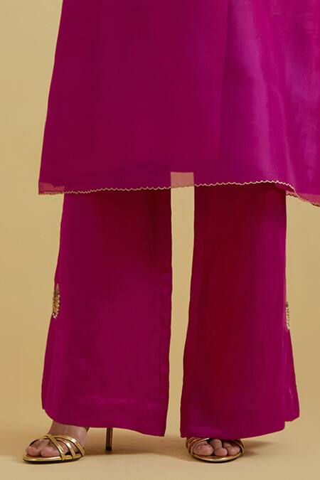 Bunka_Pink Silk Organza, Satin Beads, Stones, Zari, Bia Sheer Kurta And Pant Set _Online_at_Aza_Fashions