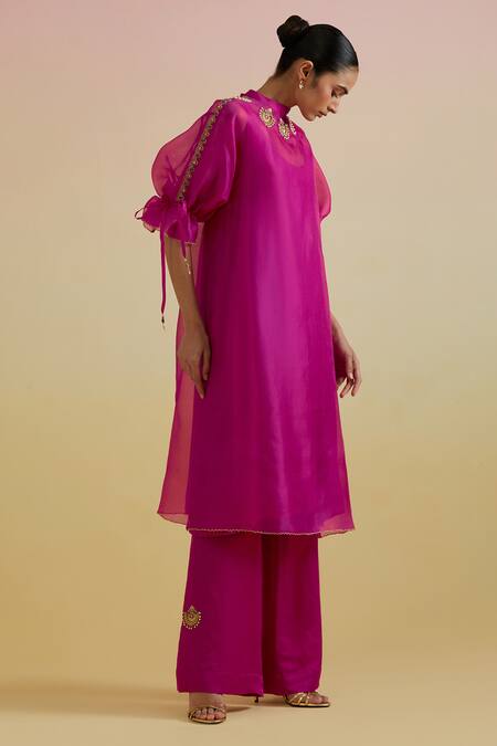 Bunka_Pink Silk Organza, Satin Beads, Stones, Zari, Bia Sheer Kurta And Pant Set _at_Aza_Fashions