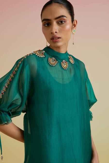 Bunka_Emerald Green Silk Organza, Satin Beads, Stones, Zari Bia Sheer Kurta And Pant Set _at_Aza_Fashions