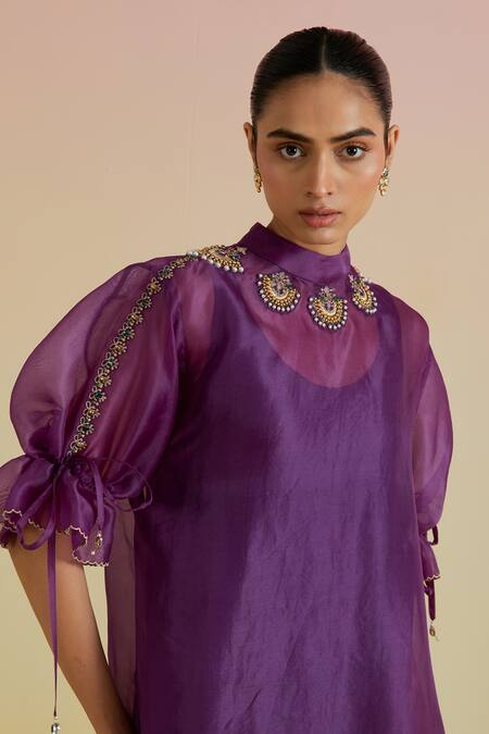 Shop_Bunka_Purple Silk Organza, Satin Beads, Stones, Zari High Bia Sheer Kurta And Pant Set _Online_at_Aza_Fashions