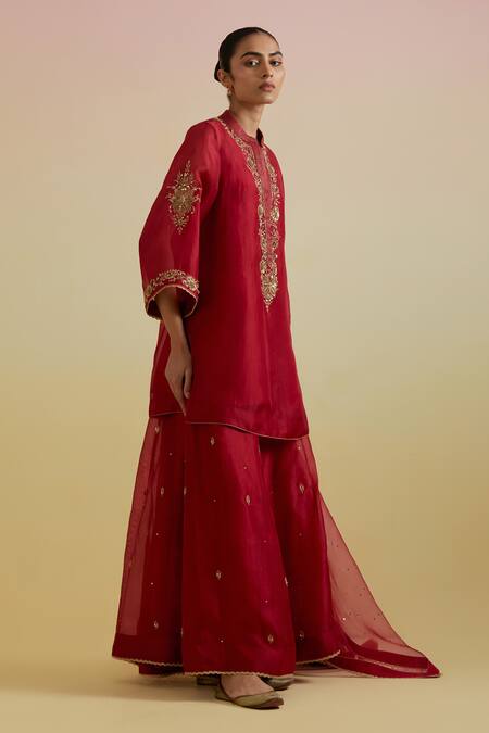 Bunka_Red Organza Embroidery, Sequins, Metallic Thread Split Aashra Kurta Sharara Set _Online_at_Aza_Fashions