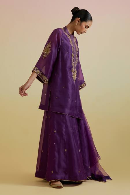 Bunka_Purple Organza Embroidery, Sequins, Zari Split V-neck, Aashra Kurta Sharara Set _Online_at_Aza_Fashions
