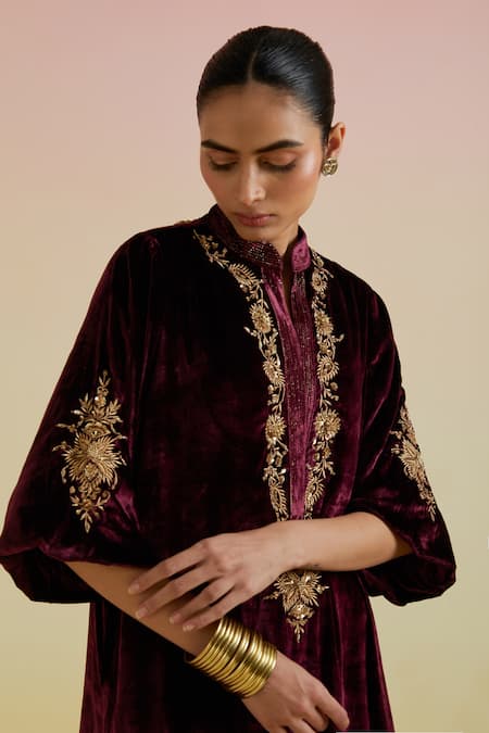 Shop_Bunka_Wine Velvet Embroidery Mandarin Collar, Split V-neck Ananya Kurta And Pant Set _Online_at_Aza_Fashions