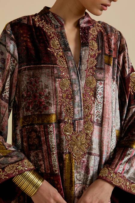 Shop_Bunka_Red Velvet Embroidery, Zari Split V-neck, Mandarin Collar Ananya Kaftan Kurta _Online_at_Aza_Fashions