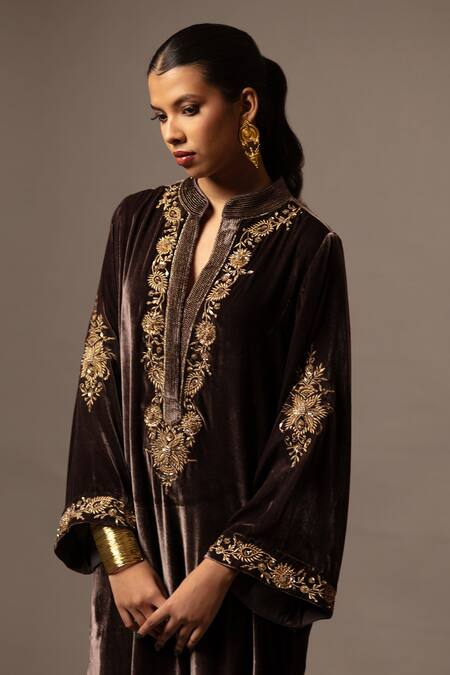 Bunka_Brown Velvet Embroidery Split V-neck, Mandarin Collar Ananya Kaftan Kurta _Online_at_Aza_Fashions