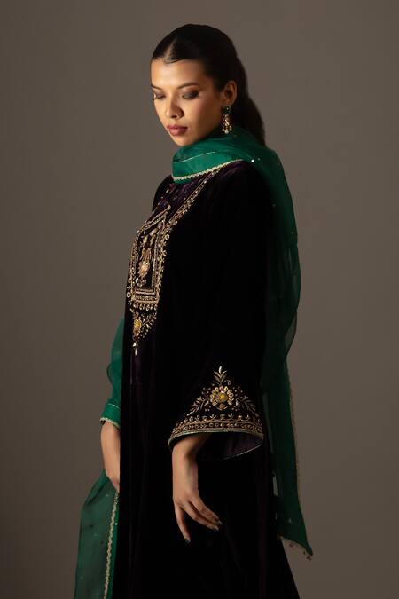 Bunka_Purple Velvet, Organza Embroidery, Sequins, Zari, Gota Patti Naheed Kurta Set _Online_at_Aza_Fashions