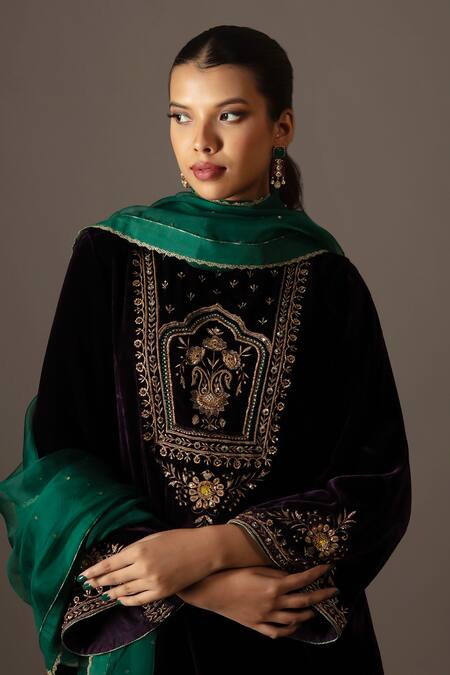 Bunka_Purple Velvet, Organza Embroidery, Sequins, Zari, Gota Patti Naheed Kurta Set _at_Aza_Fashions