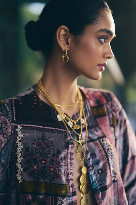 Bunka_Blue Velvet Lace Round Neck Zenia Jacket _Online_at_Aza_Fashions