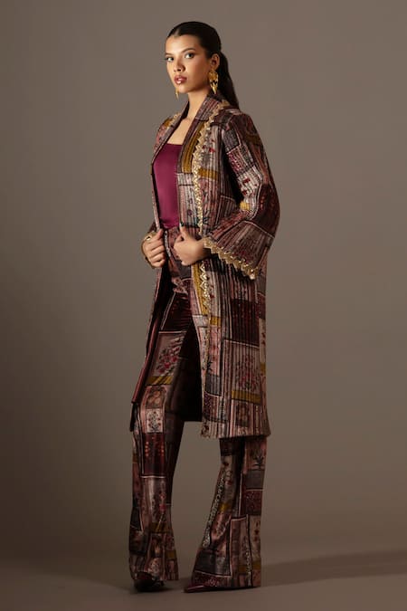 Bunka_Multi Color Velvet Embroidery V-neck Quilted Jacket _Online_at_Aza_Fashions