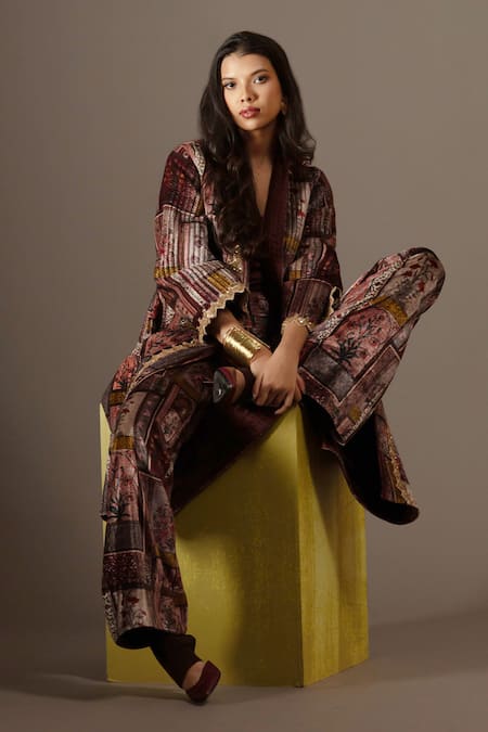 Buy_Bunka_Multi Color Velvet Embroidery V-neck Quilted Jacket _Online_at_Aza_Fashions