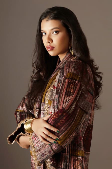 Bunka_Multi Color Velvet Embroidery V-neck Quilted Jacket _at_Aza_Fashions