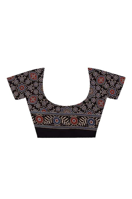 Geroo Jaipur Black Modal, Silk Ajrakh Hand Block Print Saree With Unstitched Blouse Piece Online at Aza Fashions Geroo Jaipur_Black Modal, Silk Ajrakh Hand Block Print Saree With Unstitched Blouse Piece _Online_at_Aza_Fashions
