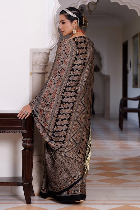 Geroo Jaipur Ajrakh Hand Block Print Saree With Unstitched Blouse Piece