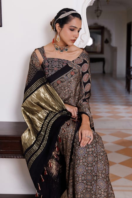 Shop Geroo Jaipur Black Modal, Silk Ajrakh Hand Block Print Saree With Unstitched Blouse Piece Online at Aza Fashions Shop_Geroo Jaipur_Black Modal, Silk Ajrakh Hand Block Print Saree With Unstitched Blouse Piece _Online_at_Aza_Fashions