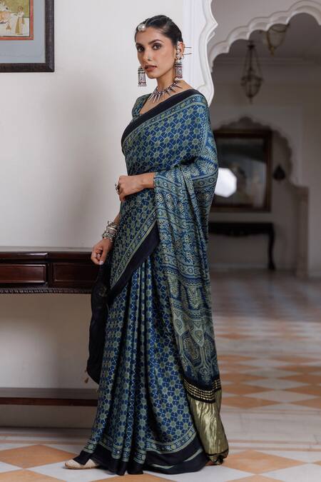 Geroo Jaipur_Blue Modal, Silk Zari, Hand Block Print Saree With Unstitched Blouse Piece _Online_at_Aza_Fashions