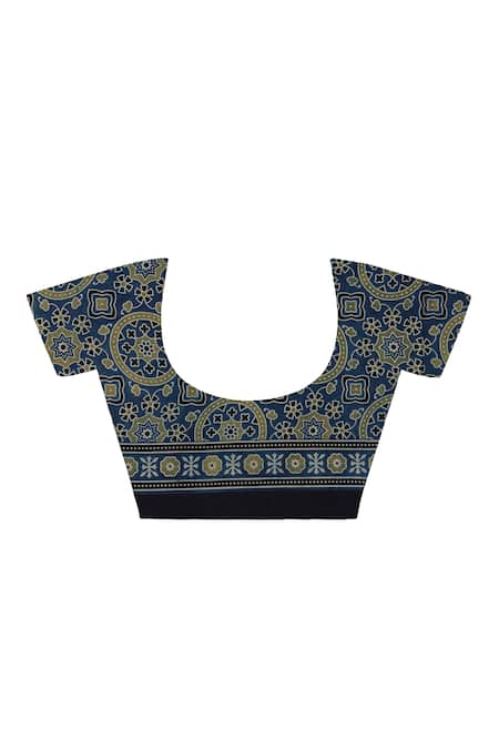 Shop_Geroo Jaipur_Blue Modal, Silk Zari, Hand Block Print Saree With Unstitched Blouse Piece _Online_at_Aza_Fashions