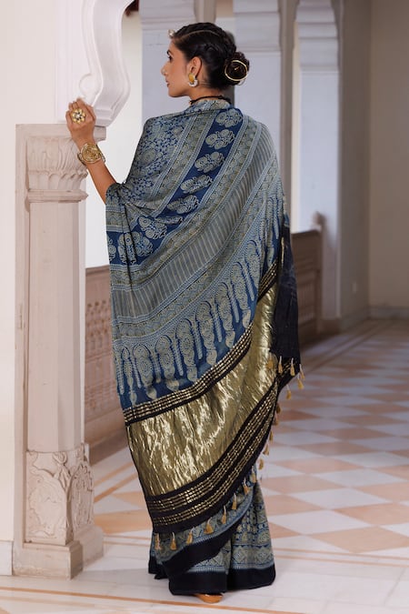 Geroo Jaipur Ajrakh Print Saree With Unstitched Blouse Piece 