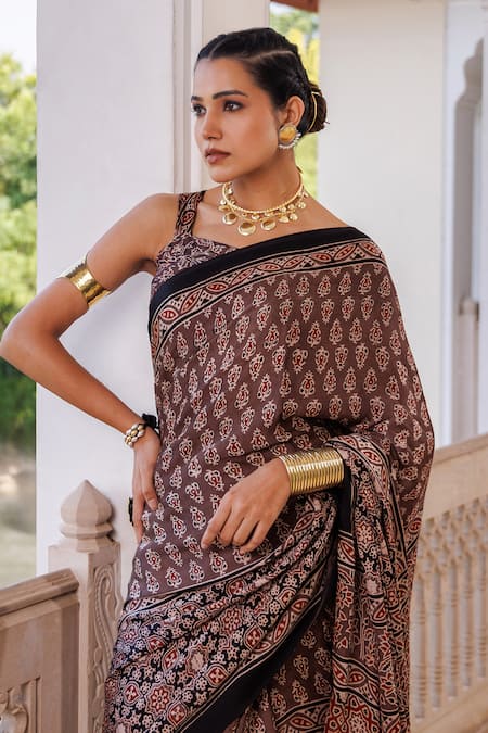 Geroo Jaipur_Brown Modal, Silk Zari Block Print Saree With Unstitched Blouse Piece _at_Aza_Fashions