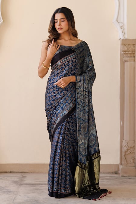 Geroo Jaipur_Blue Modal, Silk Zari, Hand Block Print Saree With Unstitched Blouse Piece _at_Aza_Fashions