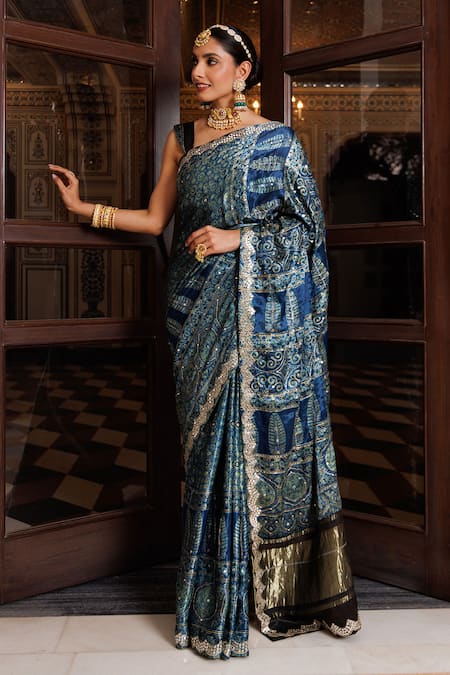 Buy_Geroo Jaipur_Blue Modal, Silk Sequins, Indigo Printed Saree With Unstitched Blouse Piece _Online_at_Aza_Fashions