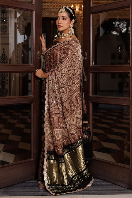Shop_Geroo Jaipur_Beige Modal Sequins, Zari Block Printed Saree With Unstitched Blouse Piece _Online_at_Aza_Fashions