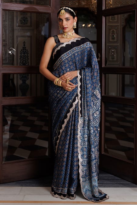 Geroo Jaipur Ajrakh Printed Saree With Unstitched Blouse Piece 