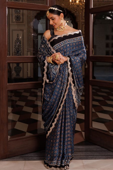Buy Geroo Jaipur Blue Modal, Silk Sequins, Ajrakh Printed Saree With Unstitched Blouse Piece Online at Aza Fashions Buy_Geroo Jaipur_Blue Modal, Silk Sequins, Ajrakh Printed Saree With Unstitched Blouse Piece_Online_at_Aza_Fashions
