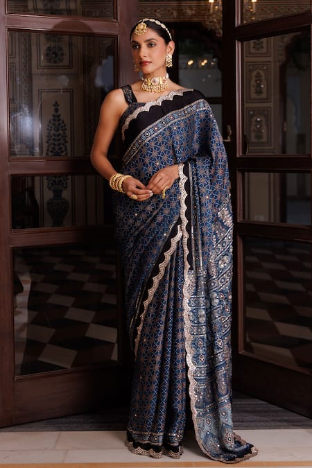 Shop Geroo Jaipur Blue Modal, Silk Sequins, Ajrakh Printed Saree With Unstitched Blouse Piece Online at Aza Fashions Shop_Geroo Jaipur_Blue Modal, Silk Sequins, Ajrakh Printed Saree With Unstitched Blouse Piece_Online_at_Aza_Fashions